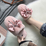 Women's furry home slippers fashion bowknot closed toe winter warm bedroom slippers