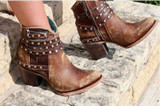Women Pointed Toe Short Chunky Heel Studded Ankle Boots