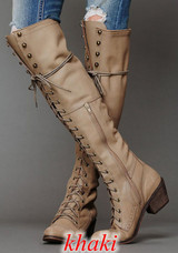 Women Chunky Heel Studded Lace Up Over The Knee Boots