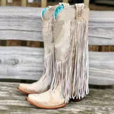 Women Retro Pointed Toe Platform Chunky Heel Fringe Boots