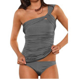 Women Pure Color One Shoulder Cover Belly Two Piece Swimsuits