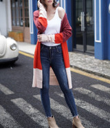 Women Open Front Knitted Striped Color Block Long Cardigan