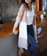 Women Open Front Knitted Striped Color Block Long Cardigan
