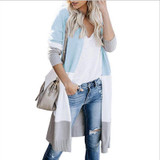 Women's open front color bock cardigan sweater knitted long cardigan with pocket