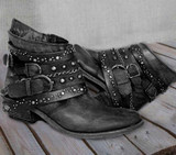 Women Winter Vintage Chunky Buckle Strap Rivet Booties