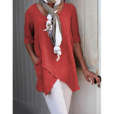 Pockets Half Sleeve Asymmetrical Casual Blouses