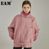 [EAM] Loose Fit Suede Lambswool Big Size Jacket New Stand Collar  Long Sleeve Women Coat Fashion Spring Autumn 2020 19A-a774