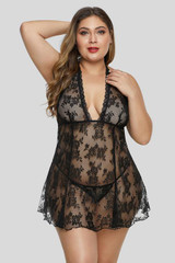 Black Open Back Floral Lace See Through Plus Size Lingerie