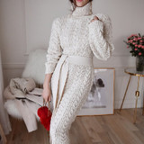Lace Waist Twist High Collar Knit Bottoming Sweater Dress