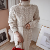 Lace Waist Twist High Collar Knit Bottoming Sweater Dress