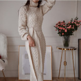 Lace Waist Twist High Collar Knit Bottoming Sweater Dress