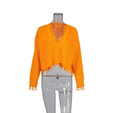 Long Sleeve V-neck Solid Color Backless Loose Sweater Long Sleeve V-neck Solid Color Backless Loose Sweater