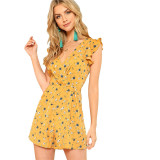 Ginger Ruffle Shoulder Calico Print Wrap Romper Women V neck Sleeveless