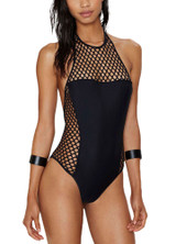 Women Fishnet One Piece Swimsuit Halter Neck Open Back Women Fishnet One Piece Swimsuit Halter Neck Open Back
