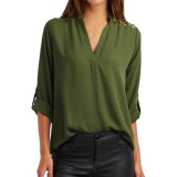 Women Chiffon Blouse Fashion Tab-Sleeve Hollow Out Bandage Blouse Shirt