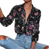 Unisex Women Long Sleeve Turn Down Neck Floral Printed Casual Multicolor Blouse