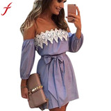 Blue Striped Summer Dress Women Cold Shoulder