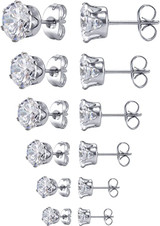 Jewelry Women's Stainless Steel Round Clear Cubic Zirconia Stud Earring (6 Pairs)
