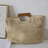 Retro straw beach bag with wooden handle