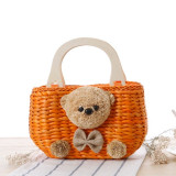 Teddy Bear Straw Handbag with Wooden Handles