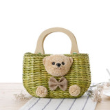 Teddy Bear Straw Handbag with Wooden Handles