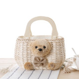 Teddy Bear Straw Handbag with Wooden Handles