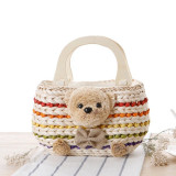 Teddy Bear Straw Handbag with Wooden Handles