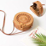 Handmade Round Rattan Handbag with Flower Pattern