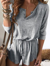 Women casual round neck button short sleeve jumpsuits