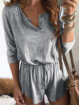 Women casual round neck button short sleeve jumpsuits