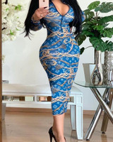 Print Long Sleeve V Neck Midi Dress