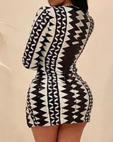 Geo Print Deep V-Neck Slit Bodycon Dress