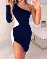 Colorblock One Shoulder Slit Bodycon Dress