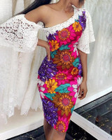 Floral Print Crochet Lace Bodycon Dress