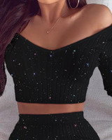 Glitter Off Shoulder Crop Top & Skirt Sets