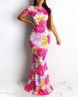 Floral Print Round Neck Maxi Ruffle Maxi Dress