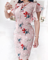 Floral Print Flutter Sleeve Lace-Up Bodycon Dress
