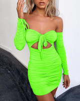 Off Shoulder Ruched Tie Front Dress