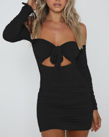 Off Shoulder Ruched Tie Front Dress