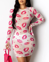 See Through Lips Print Bodycon Dress