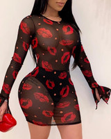 See Through Lips Print Bodycon Dress