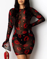See Through Lips Print Bodycon Dress