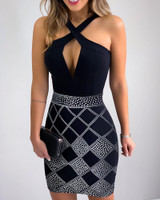 Geo Print Crisscross Neck Bodycon Dress