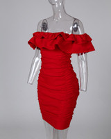 Solid Off Shoulder Ruched Layered Ruffles Bodycon Dress