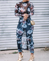 See Through Floral Print Bodycon Mesh Dress