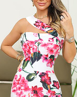 One Shoulder Floral Print Slit Bodycon Dress