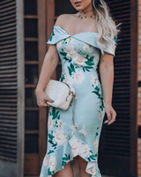Floral Print Fold Over Off Shoulder Ruffle Hem Dress