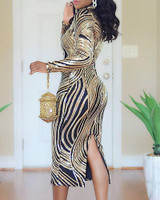 Mock Neck Sequins Striped Slit Back Bodycon Dress