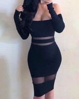 Mesh Spliciling See Through Off Shoulder Bodycon Dress