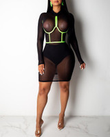 See Through Mesh Contrast Binding Bodycon Dress